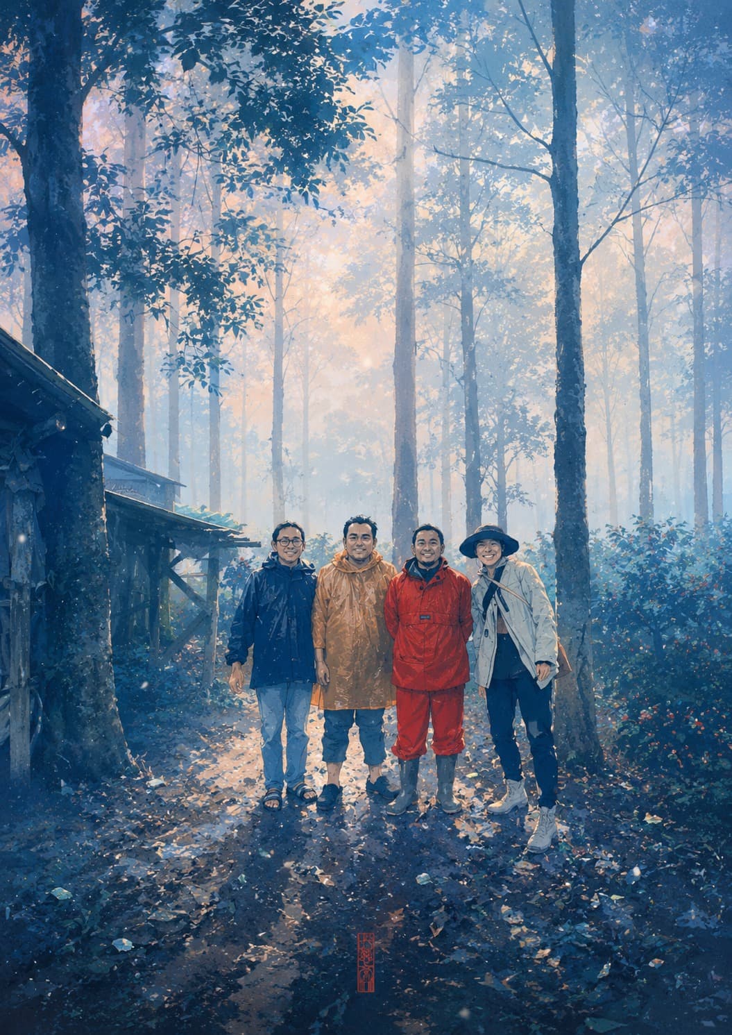 Illustrated portrait of Agora's team on the Garut coffee farm