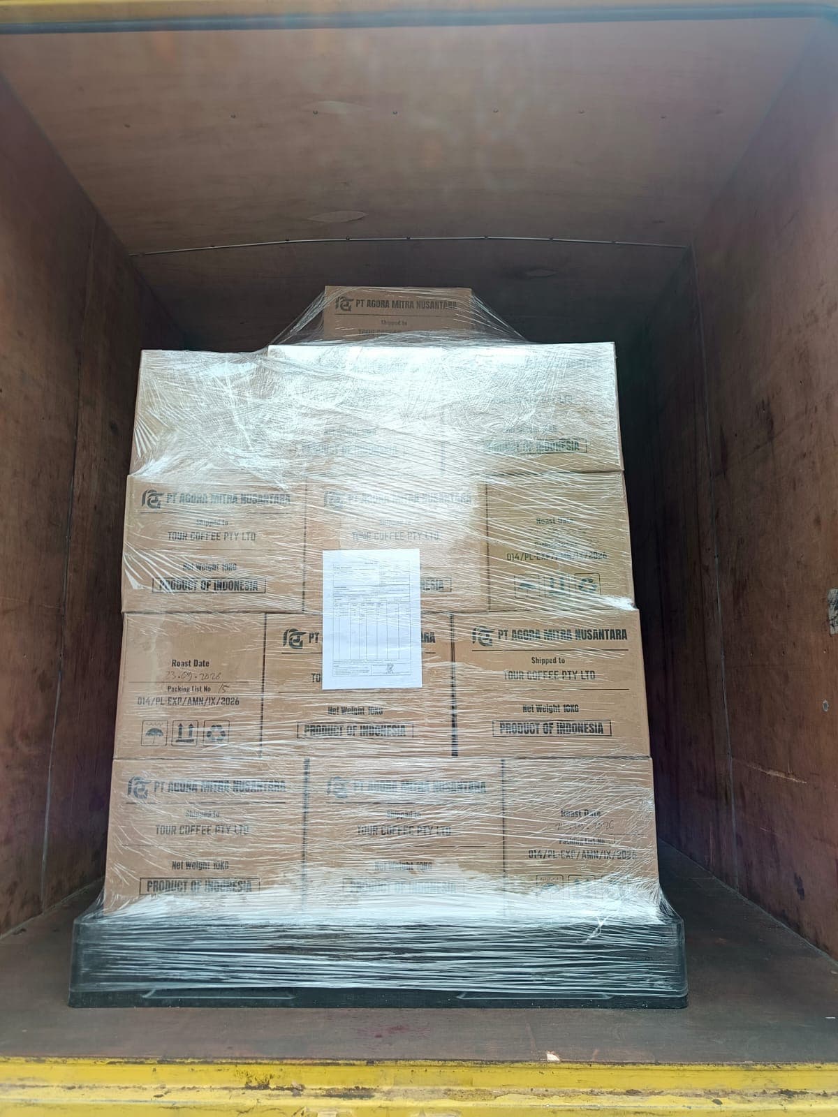 A pallet of PT Agora Mitra Nusantara green coffee export cartons, shipped to Tour Coffee Pty Ltd, product of Indonesia